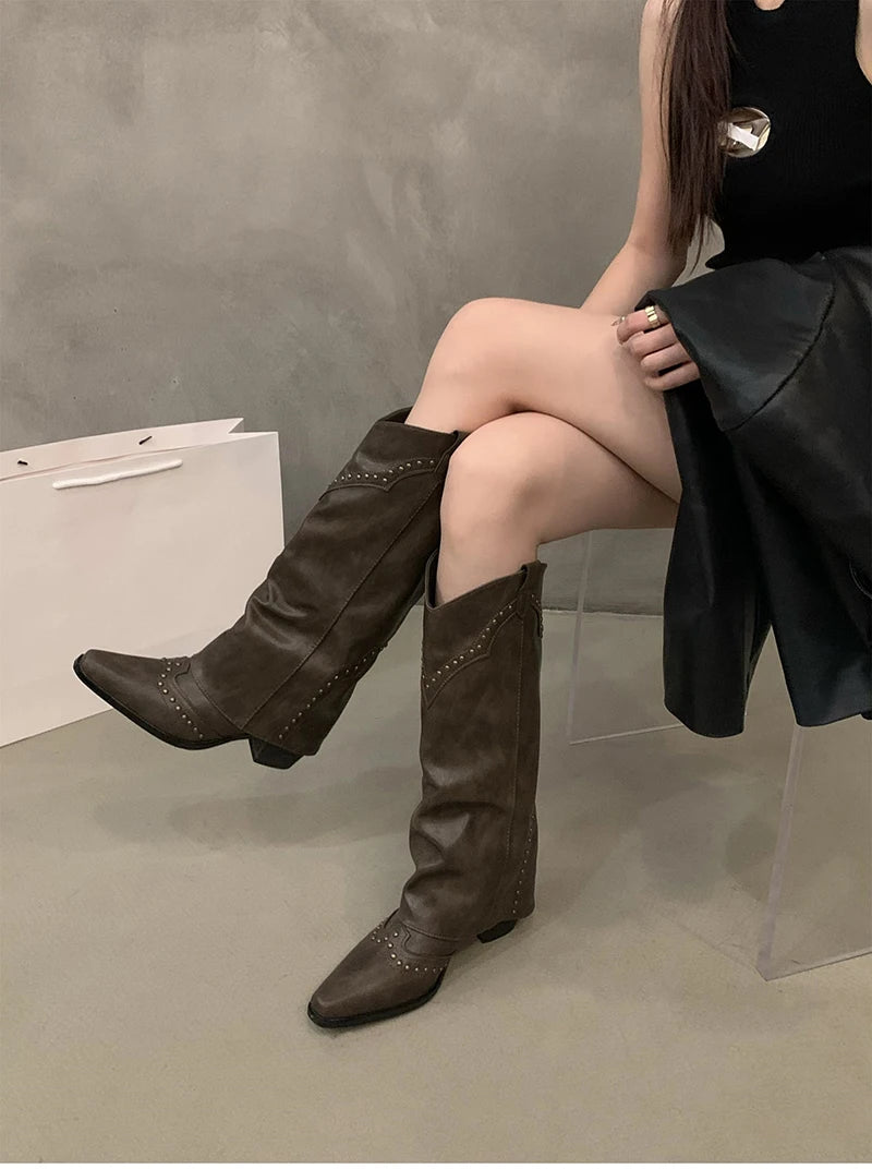 Autumn Winter Women Knee-High Boots Retro Style Western Knight Booties Pointed Toe Square Heels Female Shoes