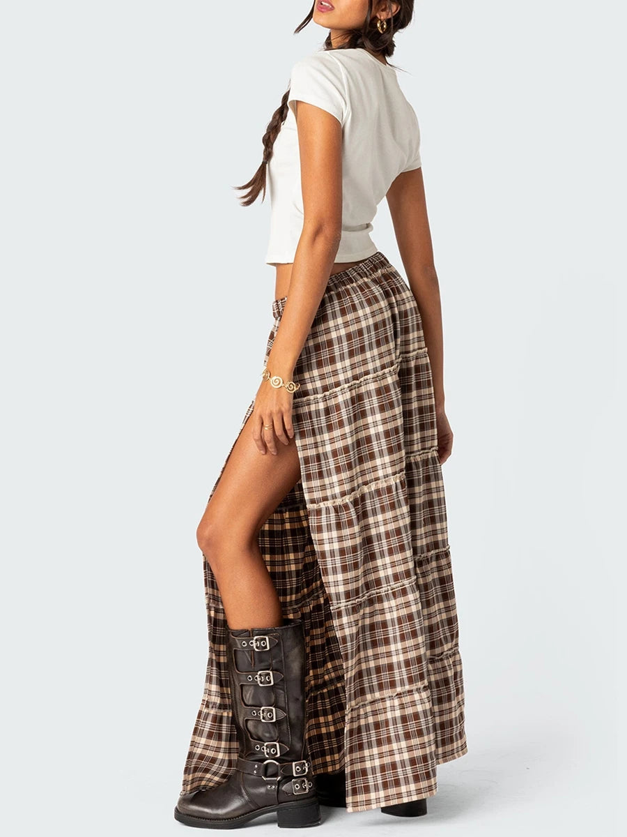 Y2k Vintage Plaid Long Skirts Chic Side High Split Elastic Waist Tiered Midi Skirts Harajuku 2000s Retro Skirts Fairy Grunge