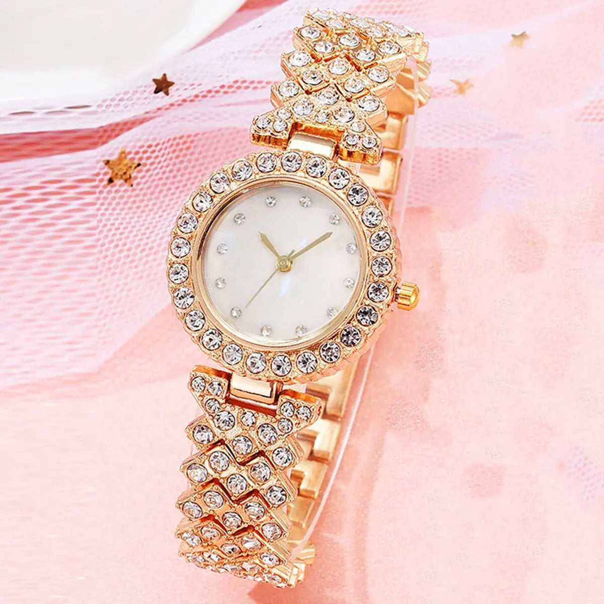 6Ps Women's Fashion Trend Luxury Luxury Rhinestone Roman Shell Quartz Watch Butterfly Rhinestone Necklace Ring Bracelet Gift Set