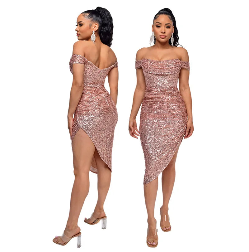 Plus Size Women Sexy Off Shoulder Sequin Bodycon Knee Length Dress Evening Summer 2024 Fashion Party Club Prom Dresses Xiny618