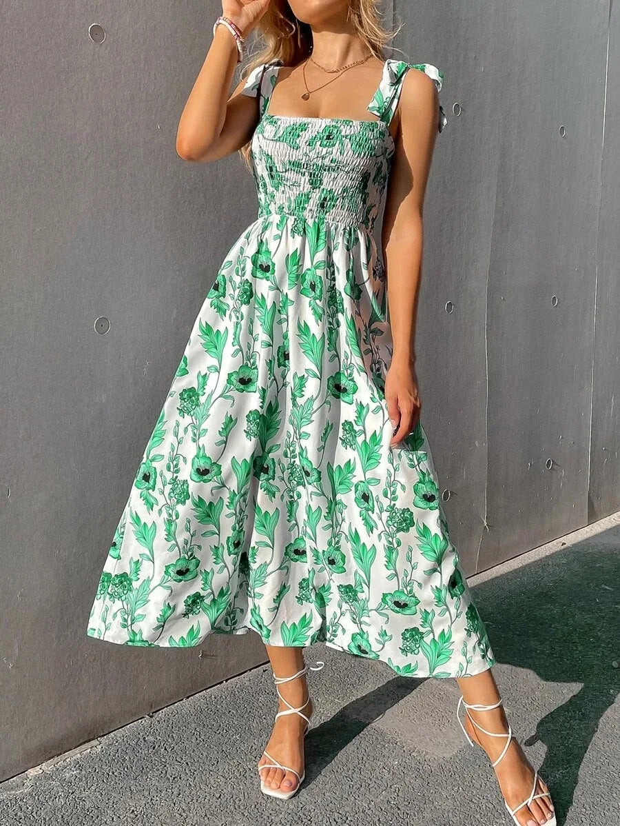 Floral Long Dress Women Fashion Backless Sleeveless Bandage Beach Sundress Casual Green Summer Ladies New In Dresses 2023