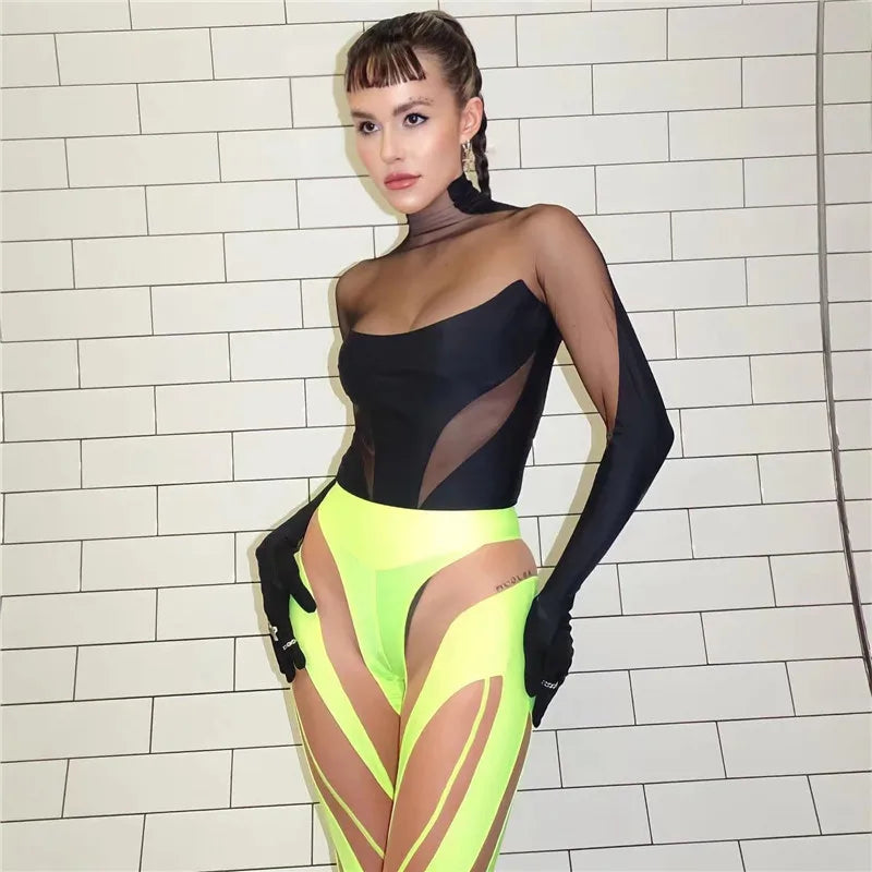 Sexy Wild Women Bodysuit Long Sleeve See Through Skinny Mesh Patchwork Vacation Party Club Streetwear Bodycon Tops