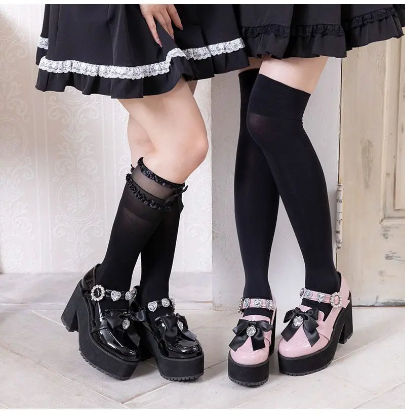 Japanese Lolita Hot Rhinestone Love Heart Bow Tie Mine Mass-Produced Platform Mary Jane Shoes Pink Pumps Girl Shoes for Women's