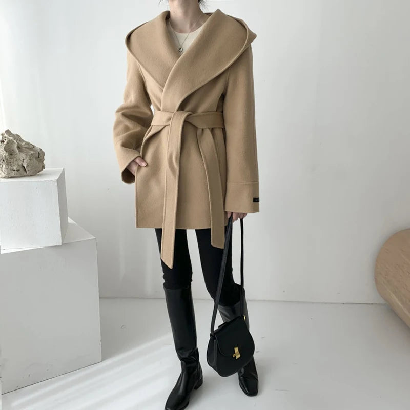 Elegant Wool Blends Coats Women Korean Black Hooded Woolen Jackets Ladies Fashion Bandage Overcoat Winter Commute Outerwears New