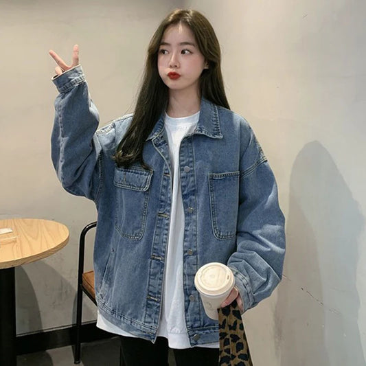 Women's Loose Denim Coat Korean Style Single-Breasted Long Sleeve Jacket Woman 2024 Spring Autumn Vintage Casual Jean Tops Mujer