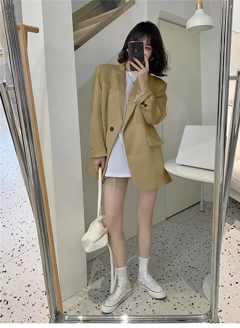 Spring Summerthin Loose Office Lady Fashionable Solid Color Blazers Button Pockets Notched Women's Clothing Long Sleeve Sweet