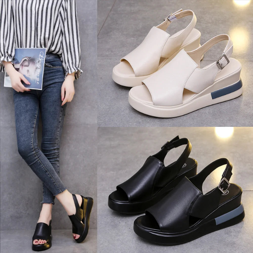 Thick-soled Wedge Sandals Women 2022 New Summer High-heeled Fish Mouth Women's Shoes Soft Leather High Platform Shoes Slippers