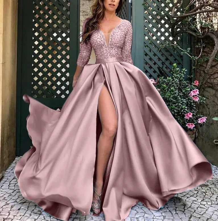 Fashion Elegant Evening Prom Dresses Hot Stamping High Split Side V Neck Night Party Club Lace Hem Maxi Dress for Wedding Banque