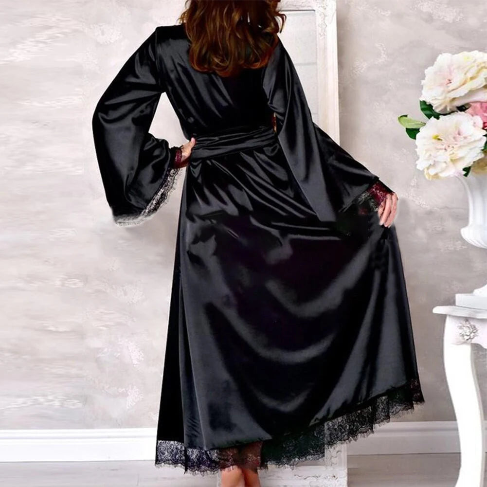 Sexy Women's Silk Satin Long Bathrobe Romance Lace Edge Kimono Robe Nightdress Nightgown Nightwear Sleepwear Home Clothes Female