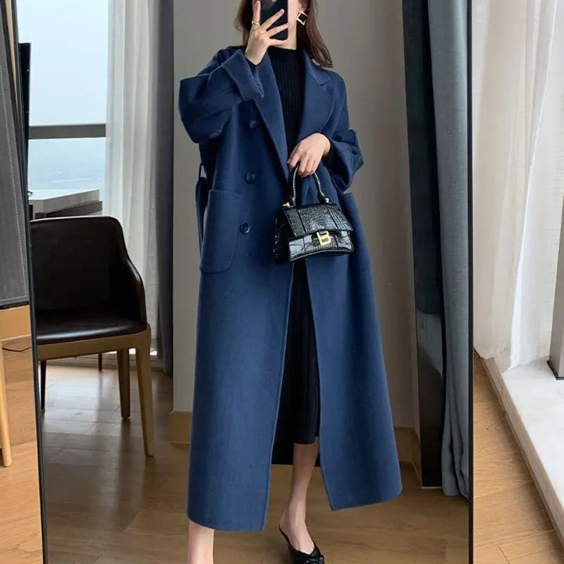 Winter Trench Coat For Women Elegant Fashion Korean Casual Wool Coat Navy Blue Lace-up Long Jacket  Black Woman Coat With Blet