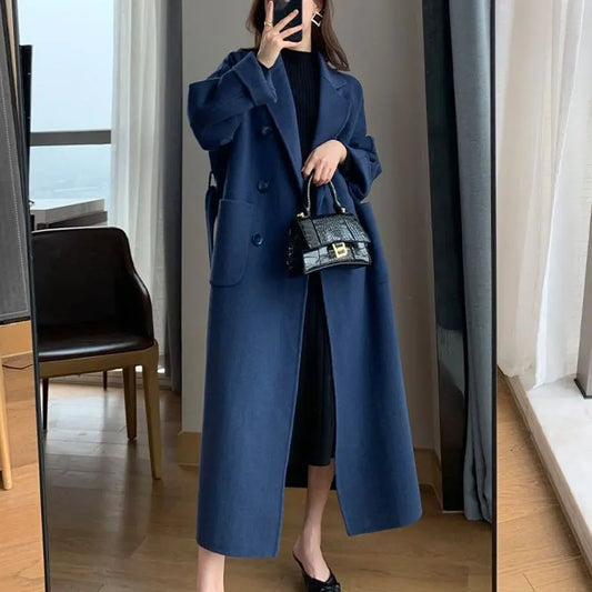 Winter Trench Coat For Women Elegant Fashion Korean Casual Wool Coat Navy Blue Lace-up Long Jacket  Black Woman Coat With Blet