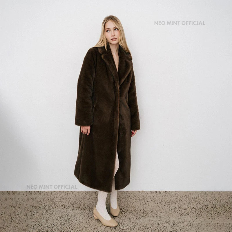 Neo Mint 2024 Winter Luxury Faux Mink Fur Coat Women Iconic Brand Long Outerwear Jacket Crystal Hooks Street Style Warm Overcoat