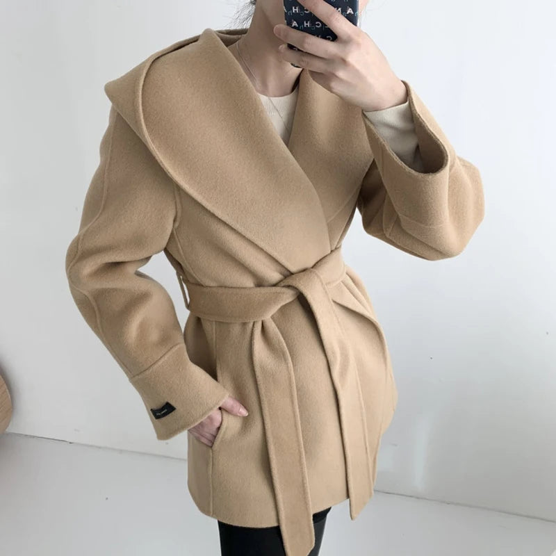 Elegant Wool Blends Coats Women Korean Black Hooded Woolen Jackets Ladies Fashion Bandage Overcoat Winter Commute Outerwears New