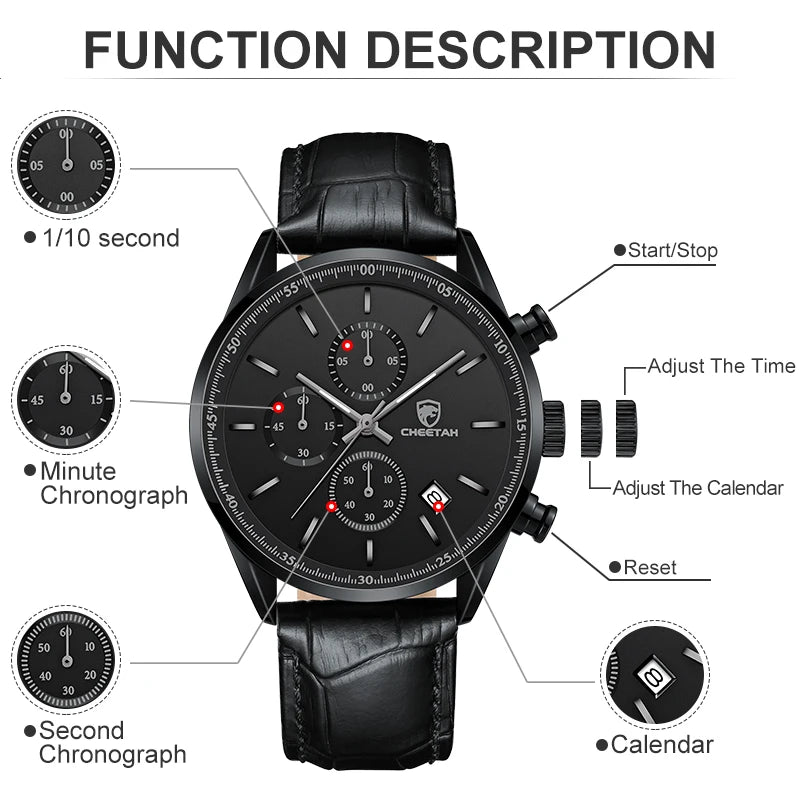 New Fashion Men Watch CHEETAH Waterproof Quartz Chronograph Sport Wristwatch Leather Business Casual Male Clock Auto Date