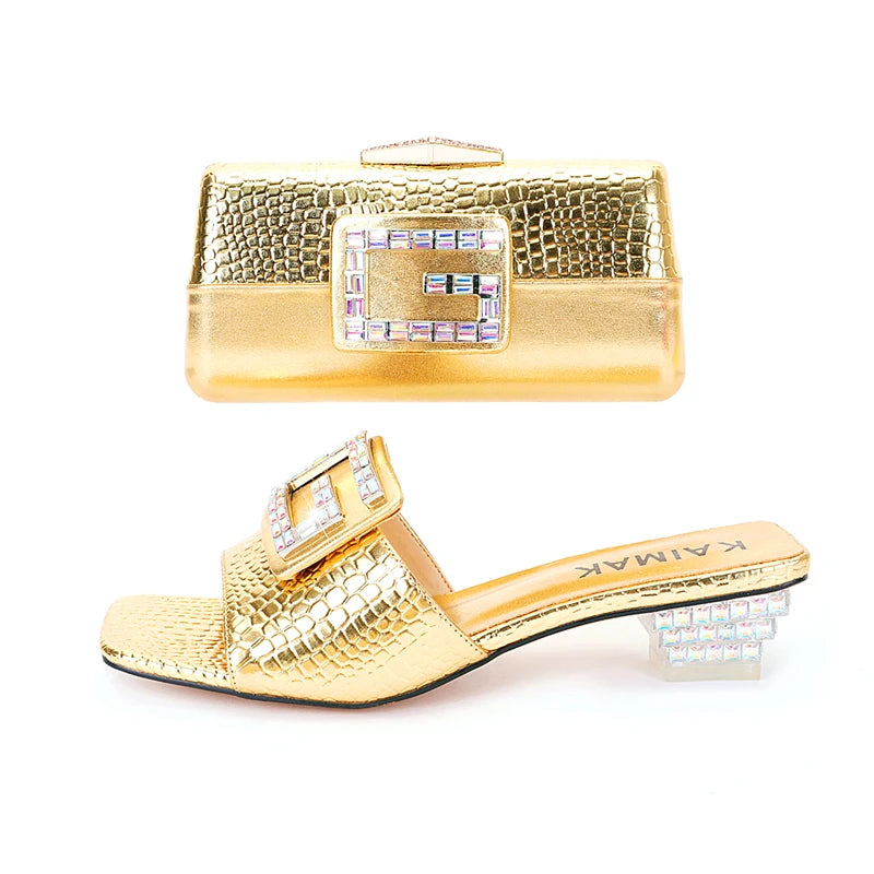 Latest Crystal Thick Heel Stone Pattern plus size Slippers Size 35-45 Diamond Clutch Dinner Women's Shoes and Bag suit