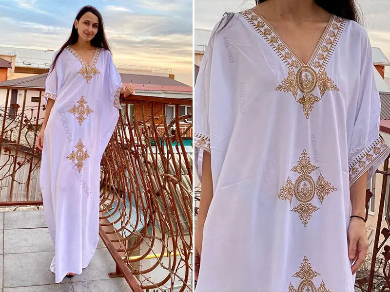 2023 Elegant Gold Embroidered Loose Kaftan House Robe Retro V-neck White Dress Women Summer Beach Wear Swim Maxi Dresses N1373