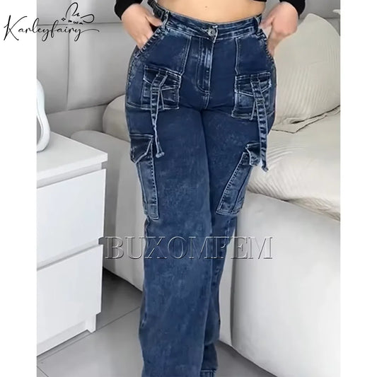 2024 Multi-Pocket Cargo Jeans Women's Wide Leg Pants Unique New High Waist Trousers Y2k Streetwear Bagger Pants for Large Sizes