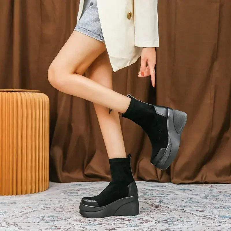 Autumn Increase Platform Short Boots Classic Black Wedges Shoes for Women Fashion Casual Comfy Lady Sneakers Botas Plataforma52