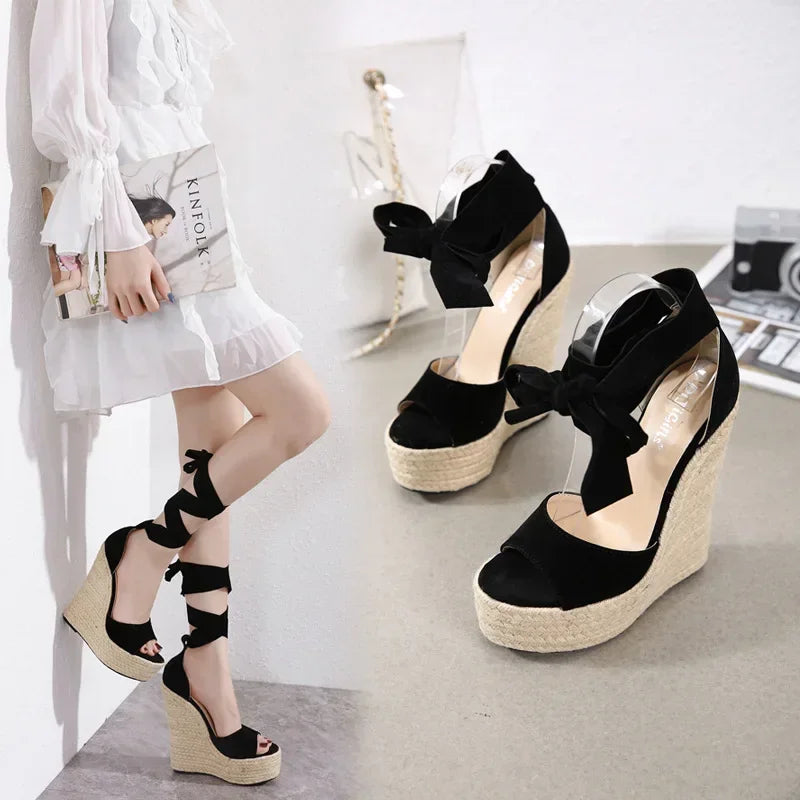 Ladies Sandals Women Shoes Cloth Solid Color Slope Heel Round Shape Thick Bottom Increase  Roman  Platform