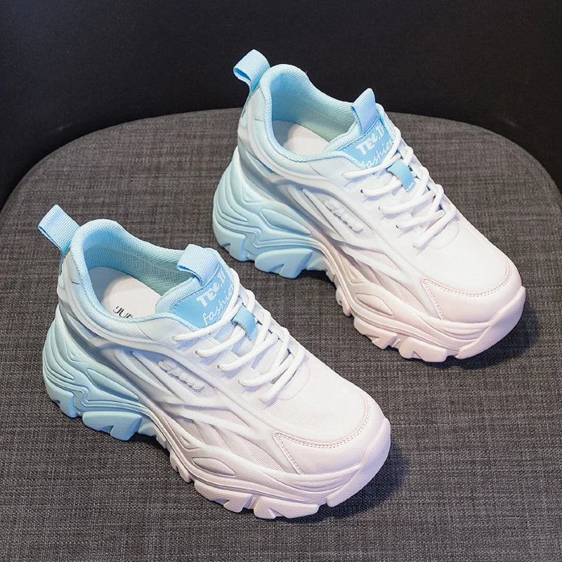 Women's Mix Color Chunky Sneakers 2023 Spring Breathable Mesh Platform Sports Shoes Woman Lace Up Thick Sole Casual Shoes Mujer