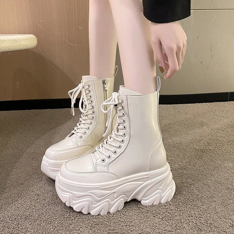 Punk Super High Platform Boots Women Chunky Heels Lace Up Motorcycle Boots Woman Black White Thick Bottom Ankle Booties Female