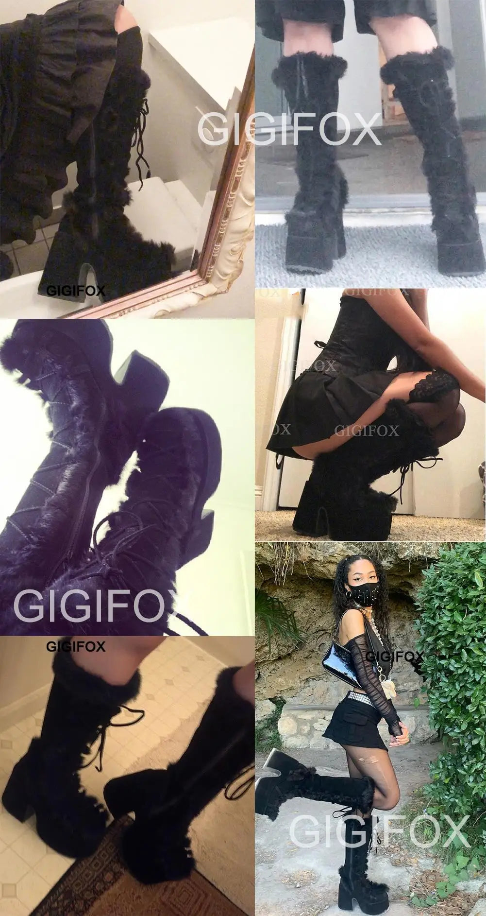 GIGIFOX Platform Furry Boots Chunky High Heeled Winter Autumn Knee High Boots Women Faux Fur Zip Gothic Style Punk Shoes Ladies