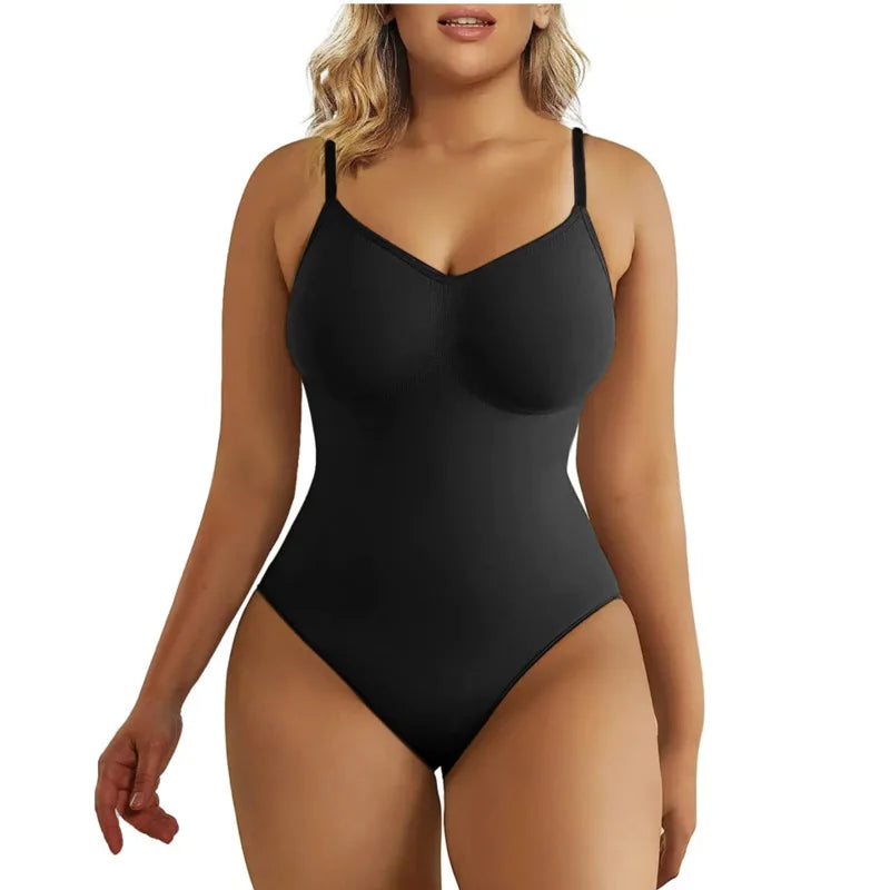 V-Neck Spaghetti Strap Bodysuit – Slimming Open-Crotch Shapewear for Women