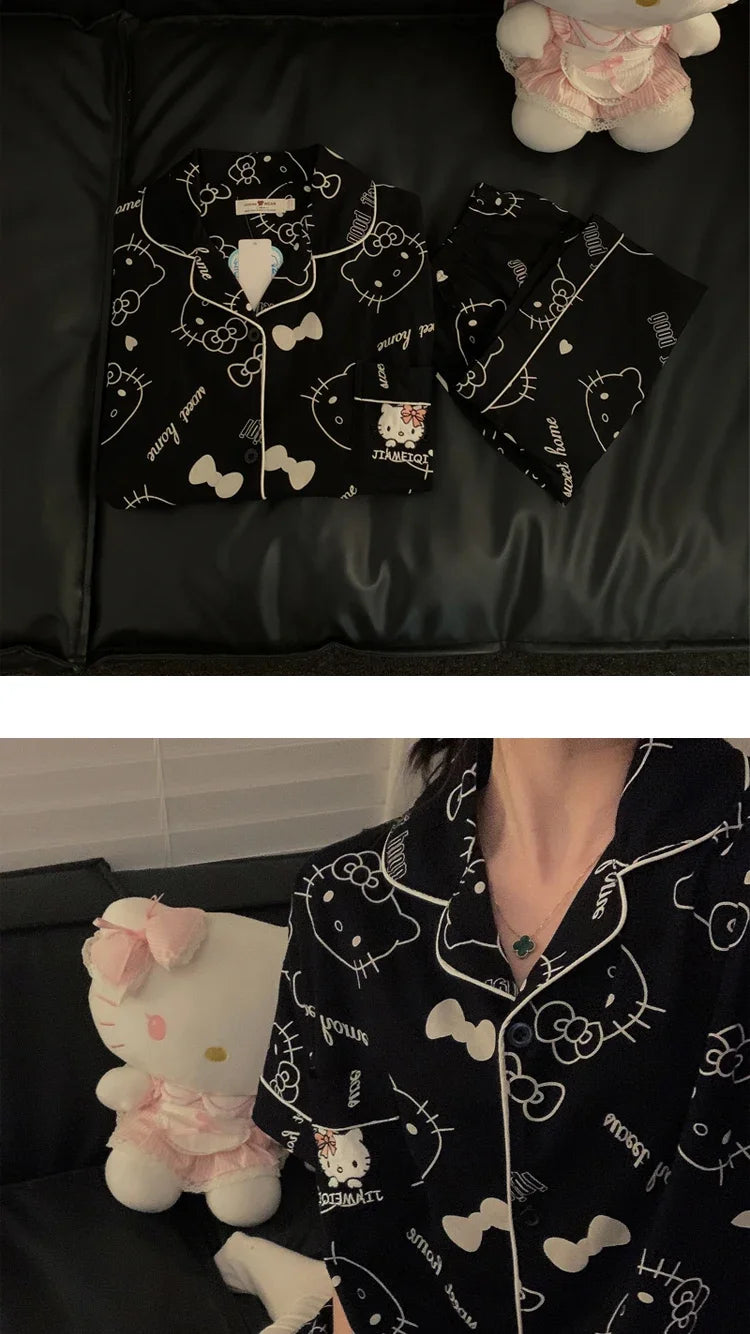 New Sanrio Hello Kitty Cute Black Pajamas Sets Women Summer Short Sleeve Sleepwear Korean Fashion Casual Home Suit Clothes Anime