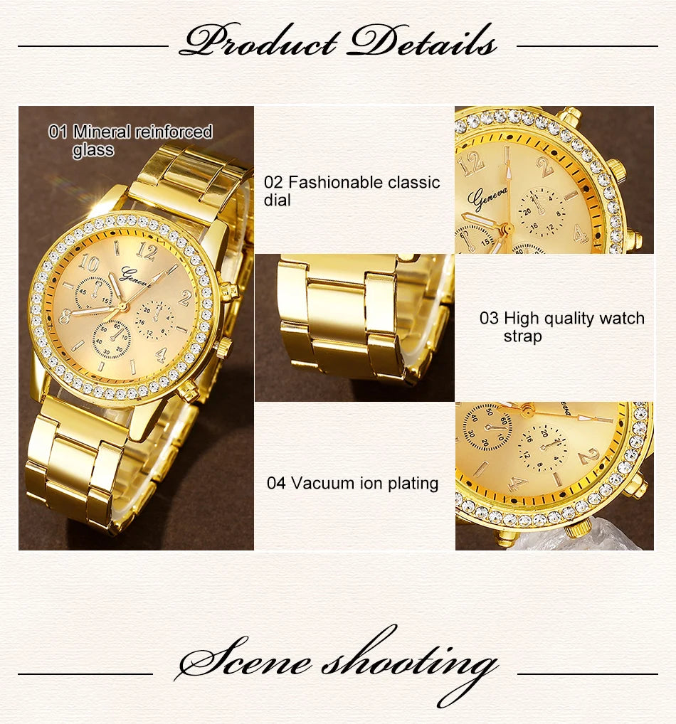 6PCS Set Golden Luxury Watch Women Ring Necklace Earring Rhinestone Fashion Wristwatch Casual Ladies Bracelet Watches