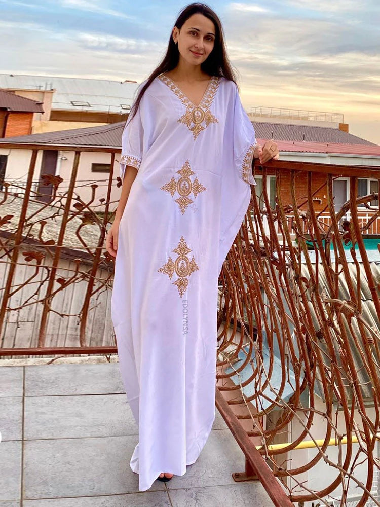 2023 Elegant Gold Embroidered Loose Kaftan House Robe Retro V-neck White Dress Women Summer Beach Wear Swim Maxi Dresses N1373