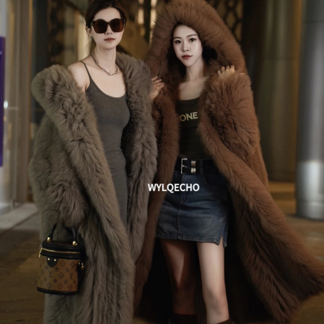 Luxury Winter Long Overcoats Women Oversized Lapel Hooded Faux Fox Fur Coat Jacket Female Large Size Outerwear Plush Fur Coats