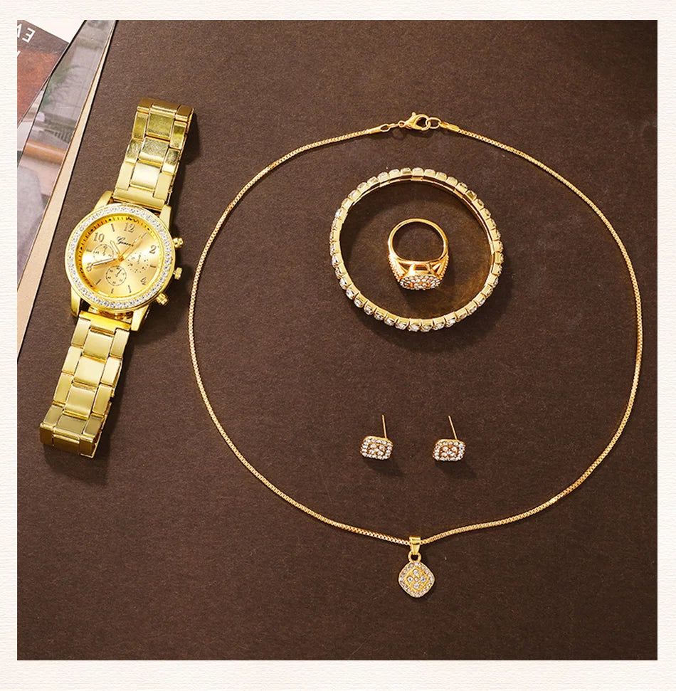 6PCS Set Golden Luxury Watch Women Ring Necklace Earring Rhinestone Fashion Wristwatch Casual Ladies Bracelet Watches