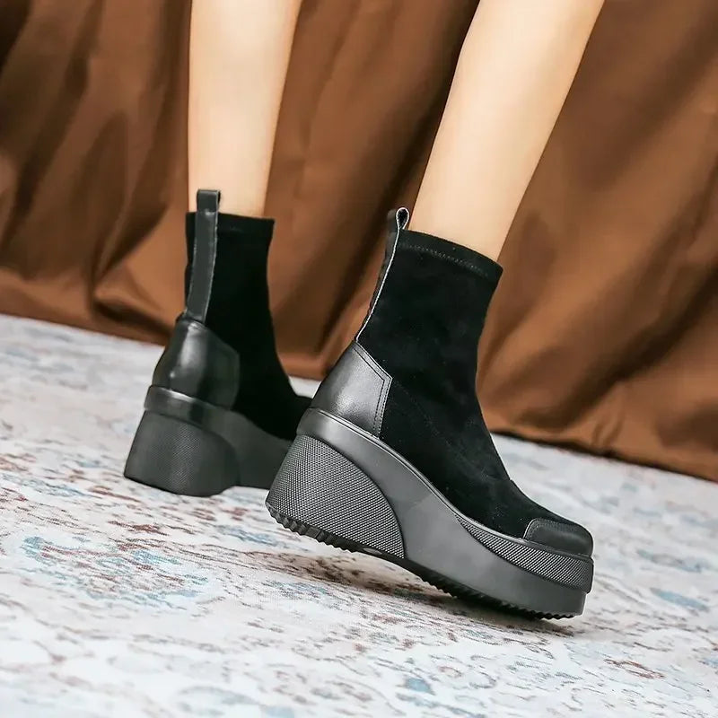 Autumn Increase Platform Short Boots Classic Black Wedges Shoes for Women Fashion Casual Comfy Lady Sneakers Botas Plataforma52