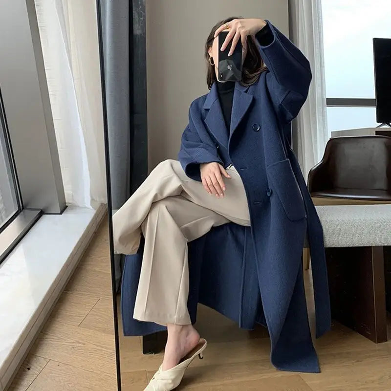 Winter Trench Coat For Women Elegant Fashion Korean Casual Wool Coat Navy Blue Lace-up Long Jacket  Black Woman Coat With Blet