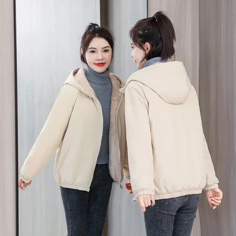 Add Velvet Padded Coat Women 2024 Winter Hooded Outerwear Ladies Warm Cotton-Padded Jacket New Fashion Overcoat Short Female Top