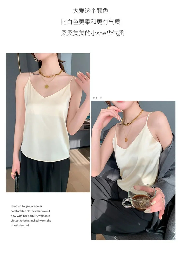 100 silk real silk 2023 summer women's clothing new slim v-neck short temperament inner top one-shoulder camisole