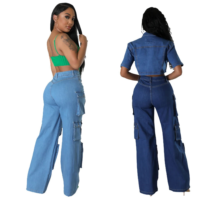 ZOMIGHT Pockets Wide Leg Woman Blue Cargo Jeans Womens Vintage High Waist Baggy Denim Pants Casual Loose Trousers Streetwears