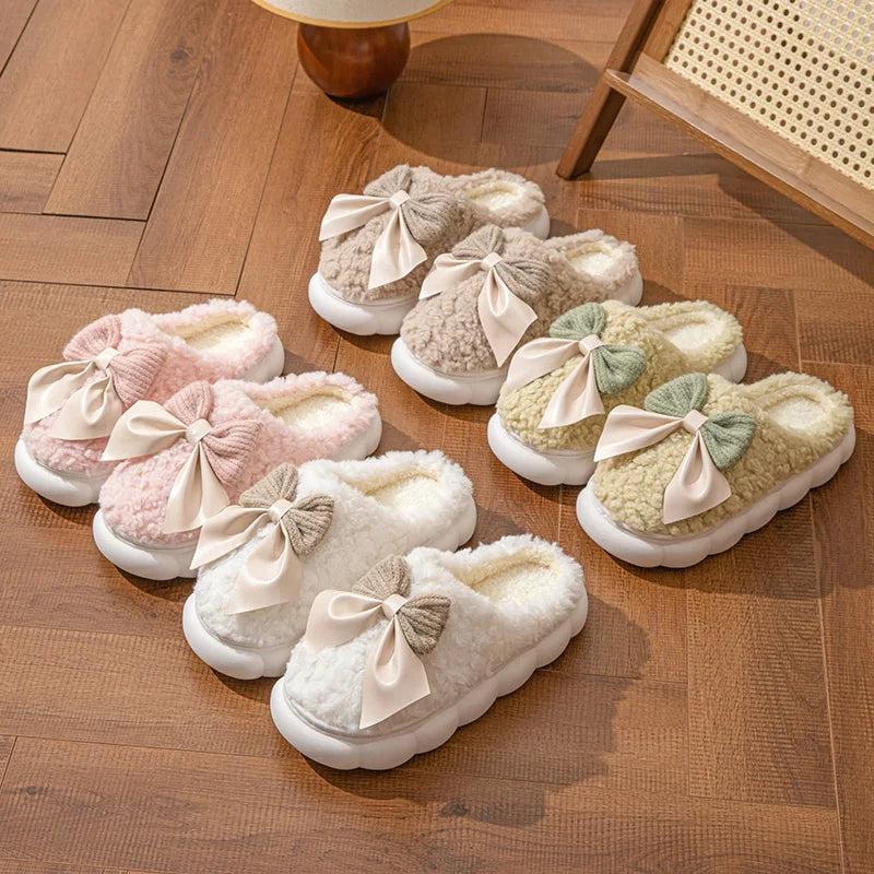 Winter Warm Fur Slippers for Women Cute bow House Non Slip Soft Shoes Comfort Flat Heel Home Indoor Bedroom Plush Slippers