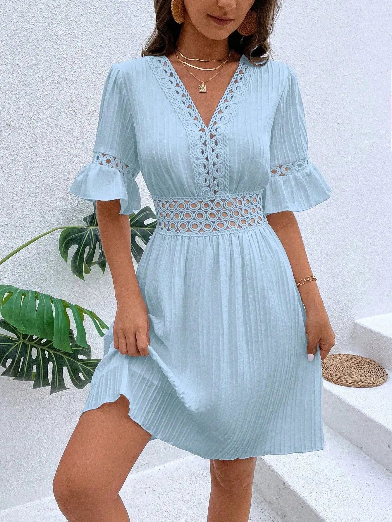 Elegant Women's Midi Dress 2024 Summer New Spliced Lace Fashion V-neck Waistband Solid White Dress Vacation