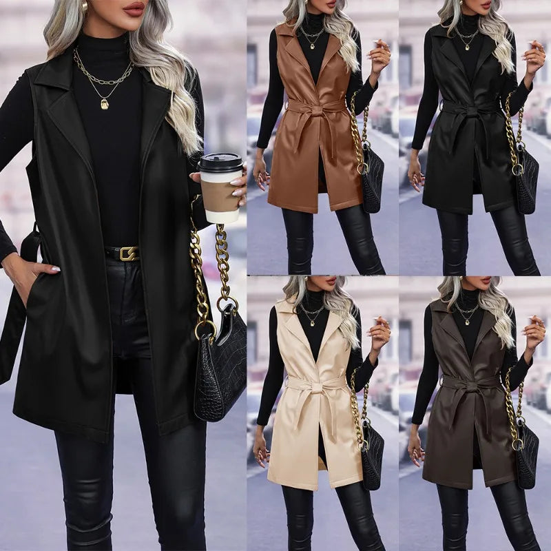 Women's PU Leather Sleeveless Waistcoat Coat with Belt Mid-length Fashion Trend Solid Color Cardigan Vest Jacket Streetwear