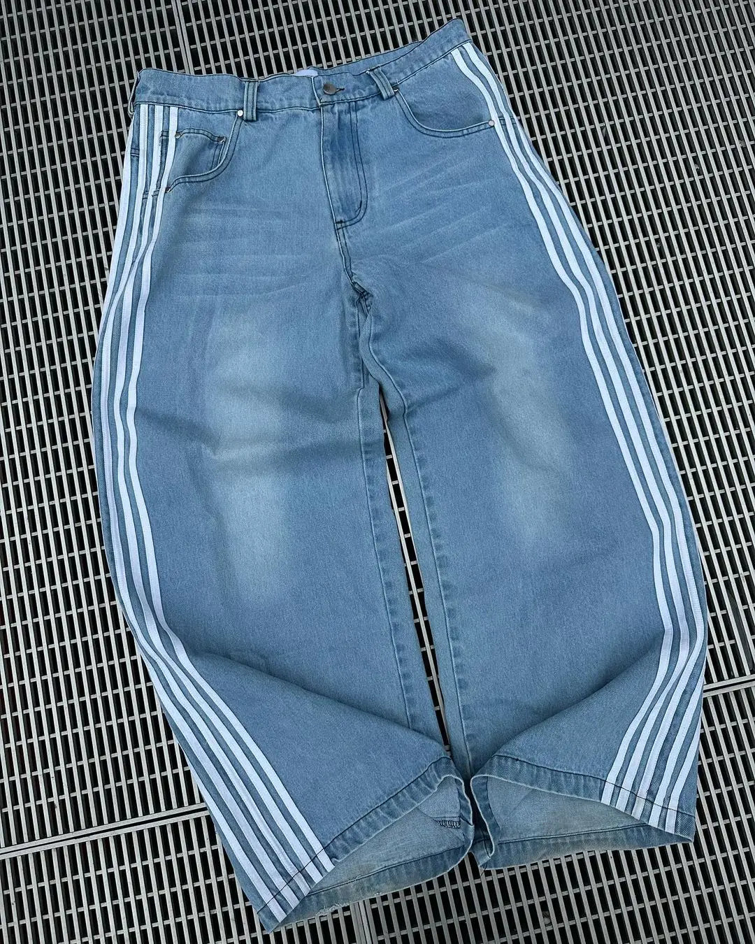 Y2k High Waisted Distressed Stripe Baggy Blue Jeans Korean Fashion Casual Style Straight Pants Classic Simple Trousers