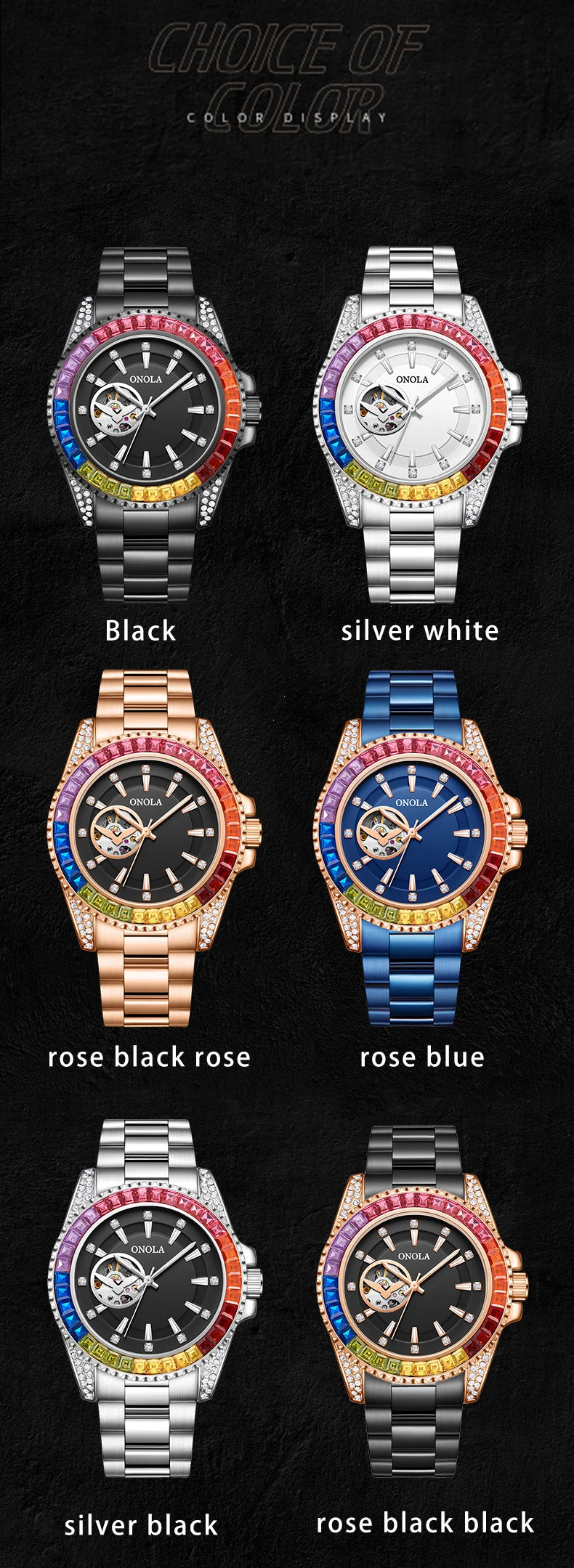 Fashion Colored Diamond Hollowed Out Watch for Men ONOLA Fully Automatic Mechanical Precision Strap for Men's Watch Clock