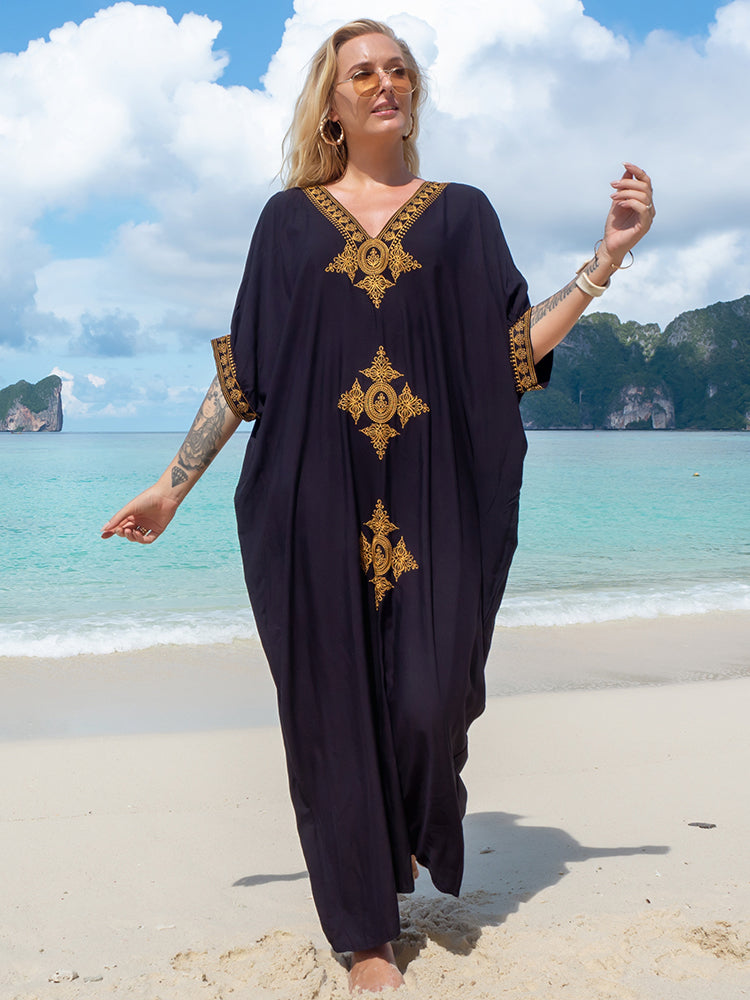 2023 Elegant Gold Embroidered Loose Kaftan House Robe Retro V-neck White Dress Women Summer Beach Wear Swim Maxi Dresses N1373