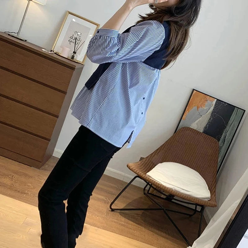 Autumn Winter Round Neck Striped Patchwork Loose Casual Sweatshirt Top Women 3/4 Sleeve Jumper All-match Pullover Female Clothes