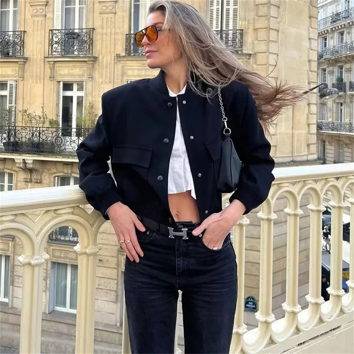 Autumn Winter Button Baseball Aviator Cropped Jackets for Women Bomber Jacket Coat Solid Black White Long Sleeve Crop Outerwear