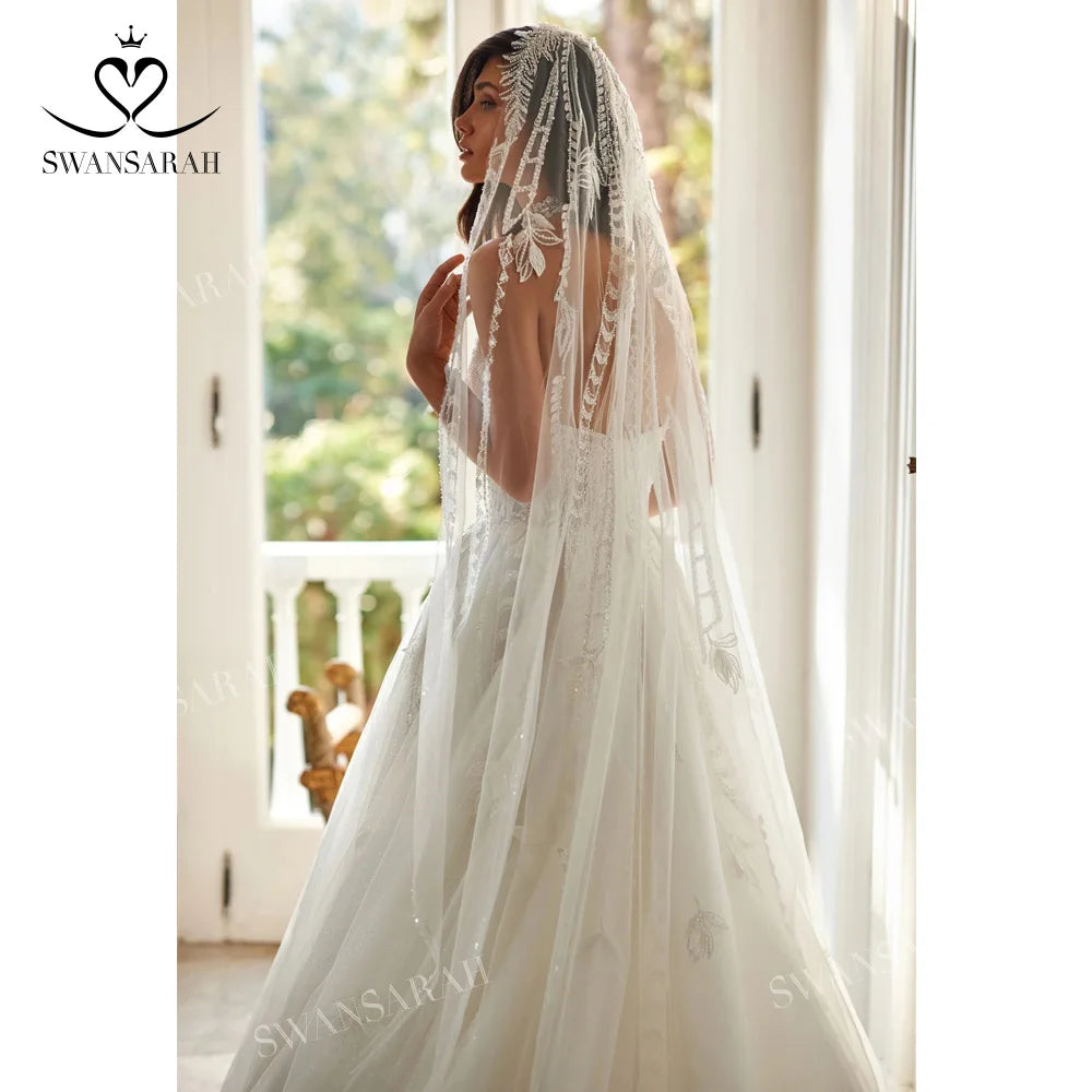 Beading A-Line Wedding Dress 2024 Shiny Appliques Split Vintage Princess Bride Gown SwanSarah P268 Plus Size Vestido De Novia