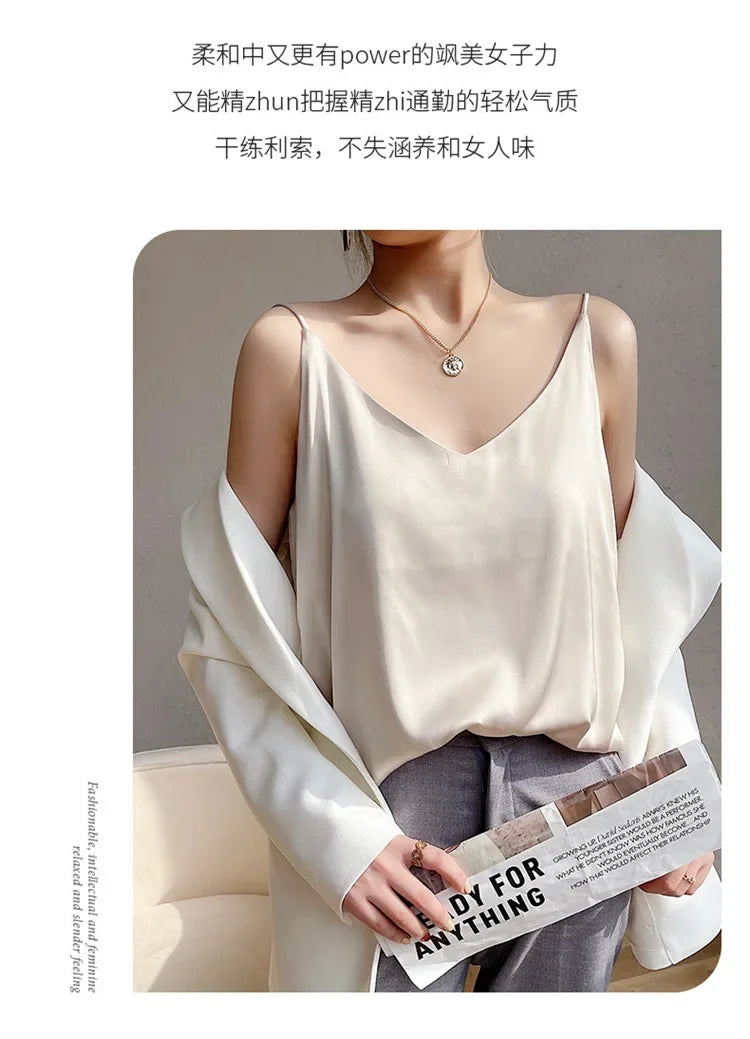 100 silk real silk 2023 summer women's clothing new slim v-neck short temperament inner top one-shoulder camisole