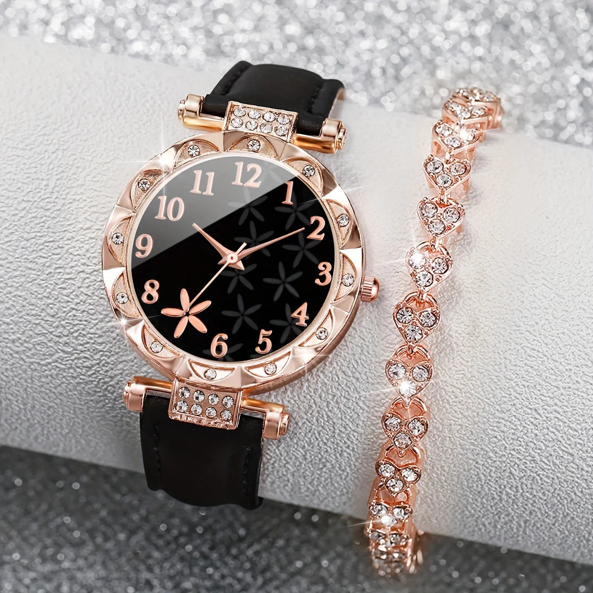 2PCS/Set Women's Watches Fashion Flower Rhinestone Leather Band Analog Quartz Watch Rhinestone Bracelet Set