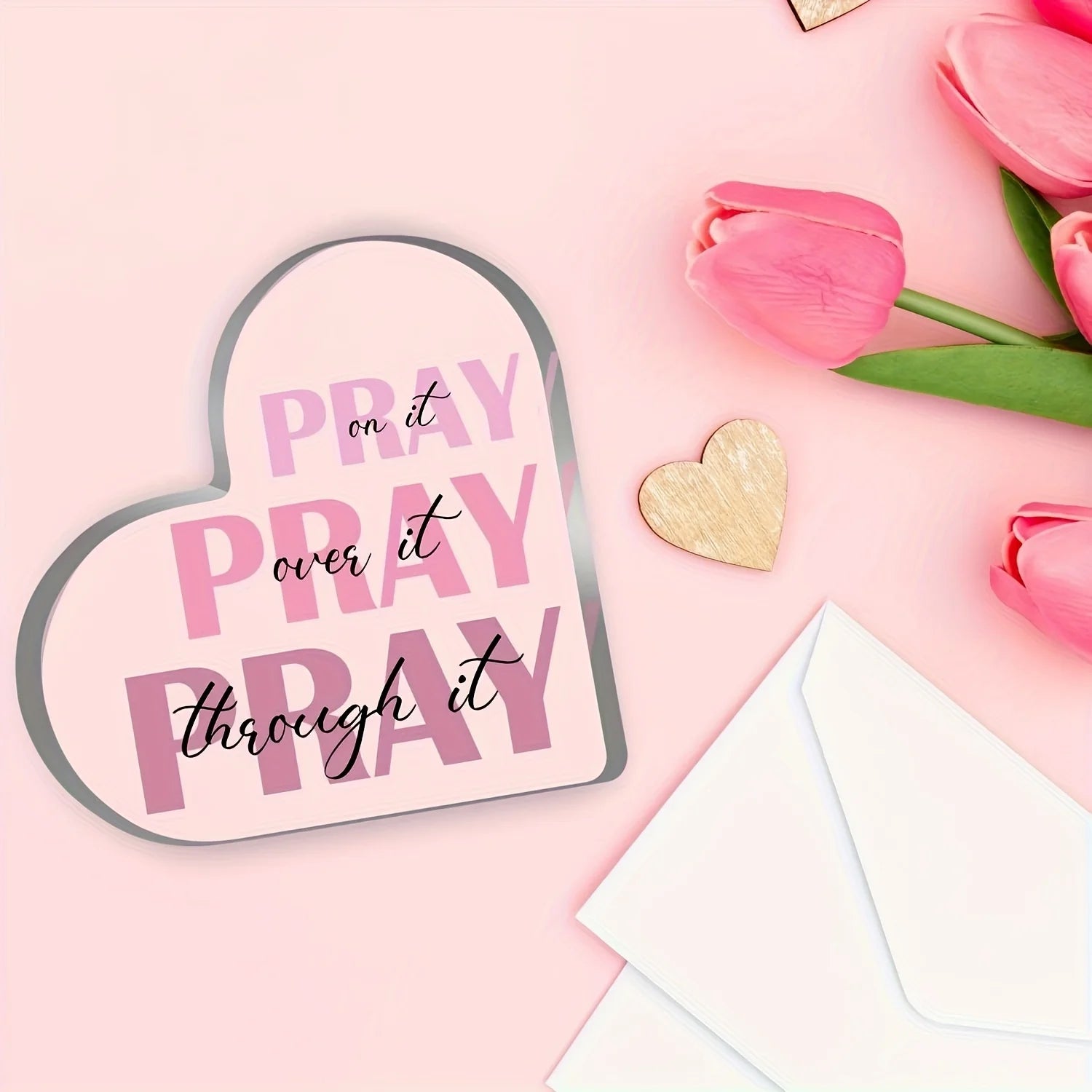 Elegant Heart-Shaped Acrylic Prayer Decor – "Pray It Over It" Inspirational Pink Verse, 2D Desktop Christian Ornament