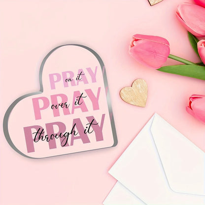 Elegant Heart-Shaped Acrylic Prayer Decor – "Pray It Over It" Inspirational Pink Verse, 2D Desktop Christian Ornament